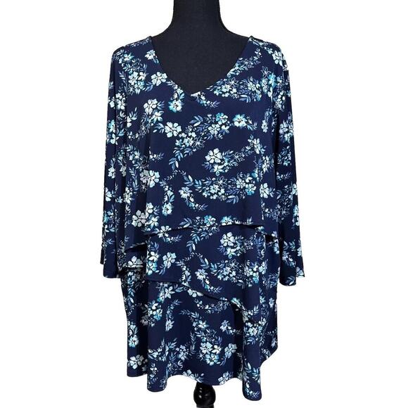 Catherine’s Blue Floral Layered 3/4 sleeve Top Size 2X 22/24 Stretch Feminine - Picture 1 of 11